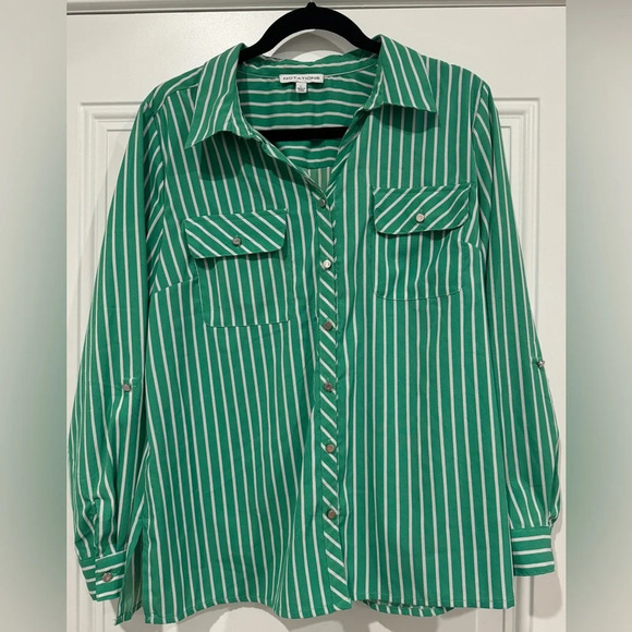 Notations Tops - Notations Women's Green /White/Striped Button Front Dress Shirt Size L